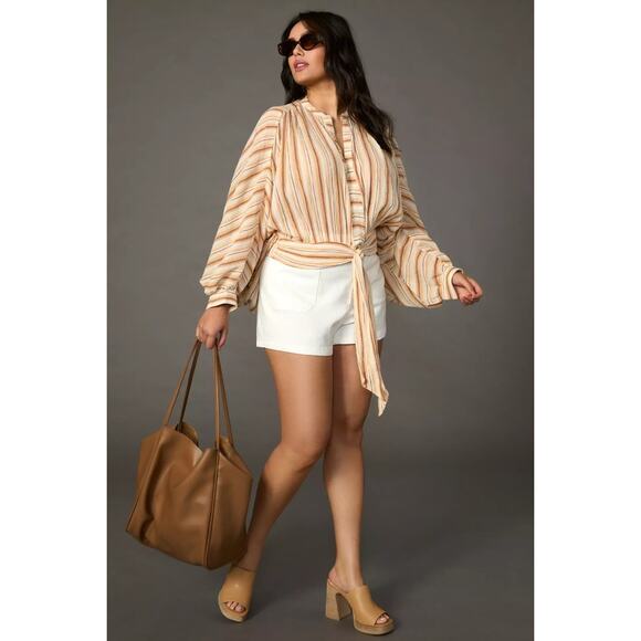 Anthropologie Tie-Front Top Womens Small Yellow Striped Oversized Balloon Sleeve - Picture 4 of 10